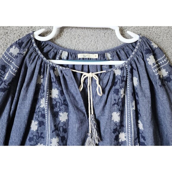 Hazel Women's Long Balloon Sleeve Tie V Neck Oversized Top Embroidered Blue Sz M - Picture 2 of 15